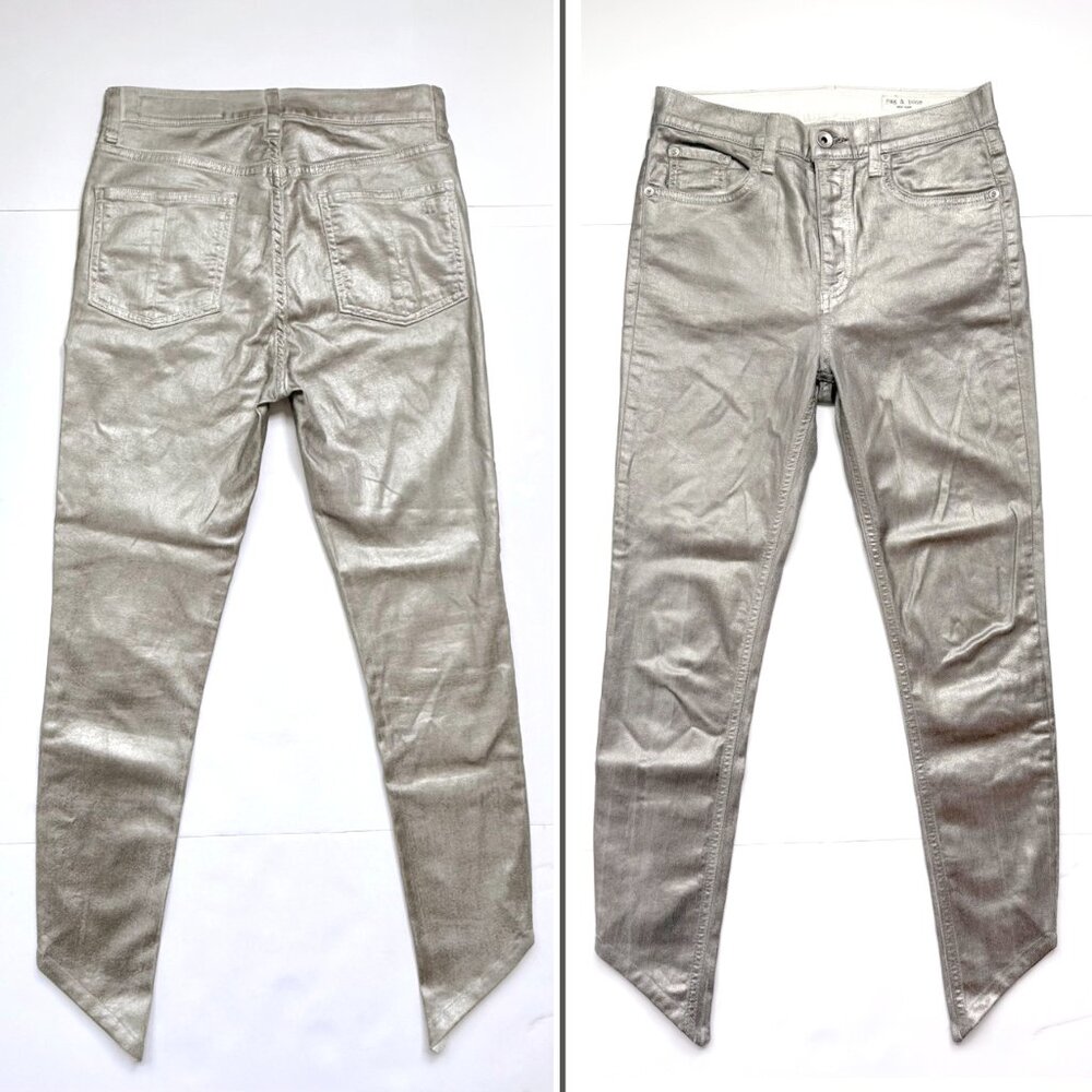 Rag & Bone Skinny Metallic Silver Asymmetric Ankle Jeans Size 26 Rock Club Chic